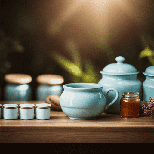 An image showcasing a serene, sunlit kitchen counter adorned with a delicate porcelain teacup filled halfway with steaming herbal tea, surrounded by a neat row of vibrant herbal tea jars