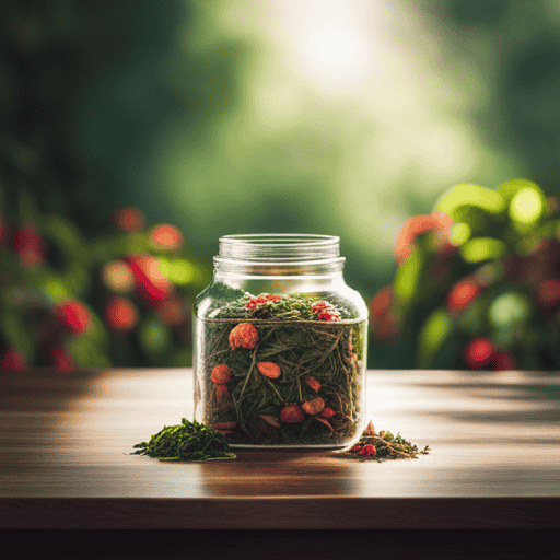 An image showcasing a quart jar filled to the brim with an assortment of vibrant loose herbal tea leaves, neatly arranged and overflowing, beautifully capturing the perfect amount of weight