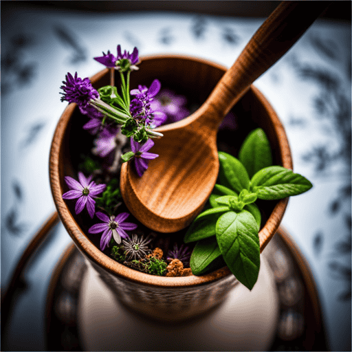 An image of a rustic wooden spoon gracefully scooping a vibrant assortment of fresh herbs, delicately suspended in mid-air above a cup of steaming herbal tea