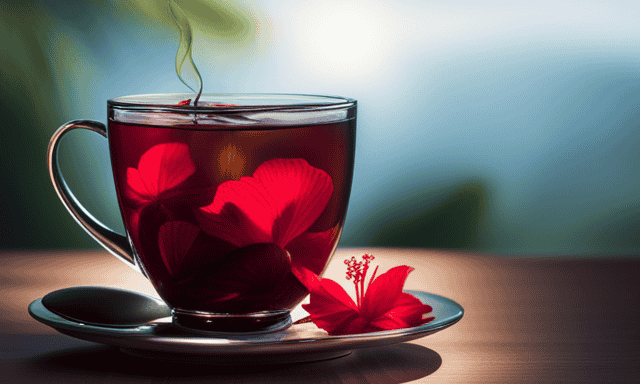 An image showcasing a vibrant, deep blueberry-colored cup of tea, with delicate crimson hibiscus petals floating gracefully amidst the brew