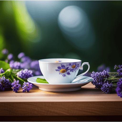 An image featuring a delicate porcelain teacup filled to the brim with fragrant herbal tea, surrounded by vibrant and aromatic herbs such as chamomile, lavender, and mint, evoking a soothing and calming ambiance