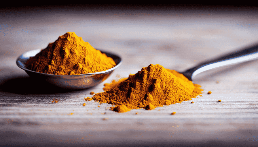An image showcasing a leveled teaspoon of vibrant golden turmeric powder, delicately poised on a sleek silver teaspoon against a backdrop of a rustic wooden surface, evoking a sense of warmth and culinary possibilities