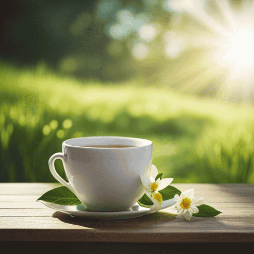 An image showcasing a serene, sunlit garden with vibrant, lush tea leaves gently swaying in the breeze