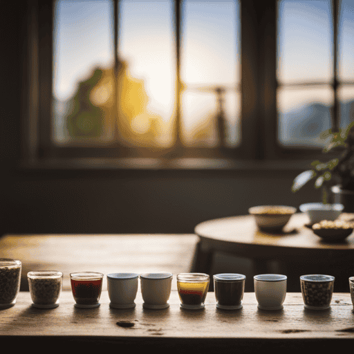 An image showcasing a rustic wooden table adorned with an assortment of vibrant, handcrafted herbal tea blends neatly arranged in delicate porcelain cups, each labeled with their unique ingredients and prices