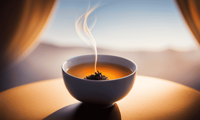 An image showcasing a close-up view of a delicate porcelain tea set, adorned with a steaming cup of golden-hued Oolong tea