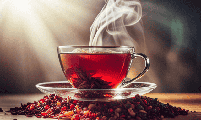 An image showcasing a vibrant cup filled with rich, deep-red rooibos tea, capturing the delicate steam rising from it