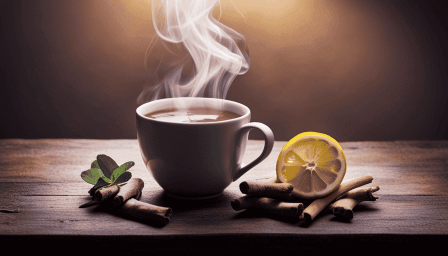 An image showcasing a close-up of a steaming mug of Yogi Lemon Ginger Tea, with a slice of lemon and a ginger root beside it, subtly hinting at the presence of licorice root in the blend