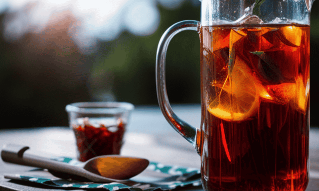 An image showcasing a transparent glass pitcher filled with vibrant, crimson-hued iced tea