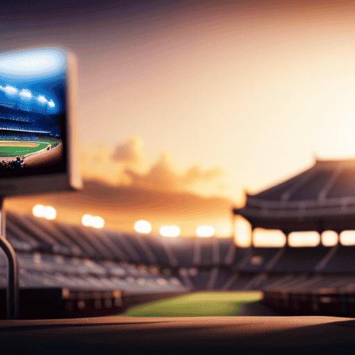 An image showcasing a bustling baseball stadium during the World Series, with vibrant digital billboards illuminating the night sky, while a wide range of sponsors' logos adorn the field and surround the stadium, exemplifying the magnitude of advertising during the event