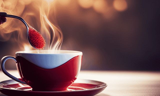 An image showcasing a vibrant red rooibos tea cup, steam rising, as delicate blood vessels elegantly branch out from it, symbolizing its potent vasodilator properties
