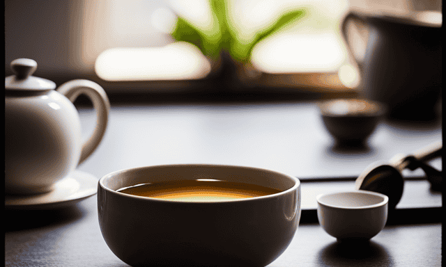 An image showcasing a serene, sunlit kitchen counter with a steaming cup of golden Oolong tea, surrounded by a collection of beautifully crafted teaware, hinting at the potential for weight loss benefits