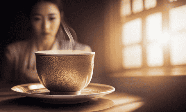 An image showcasing a delicate porcelain teacup filled with golden-hued Oolong tea, perfectly steeped to perfection