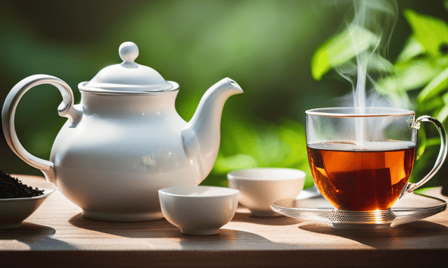 An image featuring a serene, rustic tea set nestled in lush greenery, with a steaming teapot pouring a golden-hued oolong tea into delicate, translucent cups, showcasing the perfect serving size for an invigorating tea session