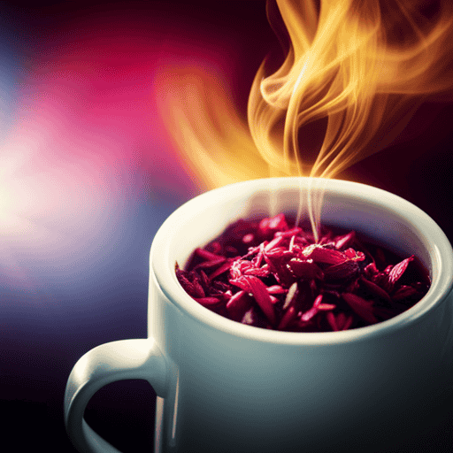 An image showcasing a steaming cup of Celestial Herbal Tea surrounded by a colorful array of oxalate-rich ingredients like spinach, beets, and almonds, emphasizing the potential oxalate content in the beverage