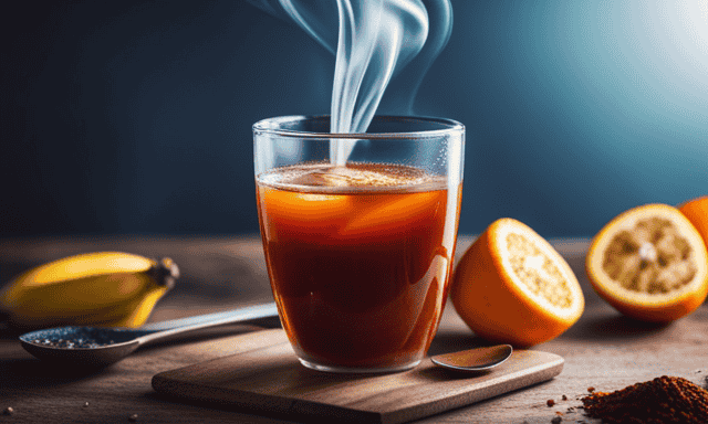 An image showcasing a vibrant, steaming cup of Rooibos tea filled to the brim, surrounded by fresh, ripe bananas and juicy oranges, highlighting the potassium-rich goodness of this beverage