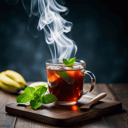 An image showcasing a steaming cup of chocolate mint herbal tea, rich dark brown in color, garnished with fresh mint leaves