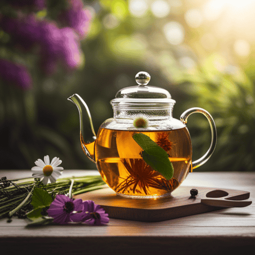 An image showcasing a glass teapot filled with steaming herbal tea, surrounded by vibrant botanicals such as chamomile flowers, lemongrass stalks, and fresh mint leaves