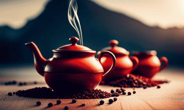 An image of a vibrant red rooibos tea pot pouring into cups of various shapes and sizes, with steam gently rising, showcasing the versatility of rooibos in different contexts
