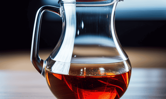 An image showcasing a clear glass pitcher filled with precisely measured four tablespoons of vibrant red Rooibos ground tea, beautifully steeping in a quart of pure, glistening water, ready to be savored