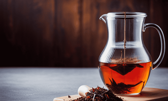 An image showcasing a clear glass pitcher filled with precisely measured loose rooibos tea leaves, gracefully pouring into a quart-sized measuring cup, capturing the perfect ratio of tea to water