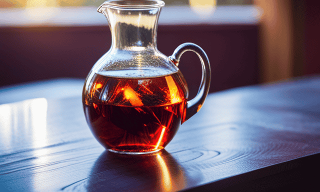 An image showcasing a glass gallon jug filled with pure, deep-red Rooibos tea, infused with the vibrant hues of golden sunlight streaming through the translucent liquid, capturing the perfect ratio of Rooibos leaves to water