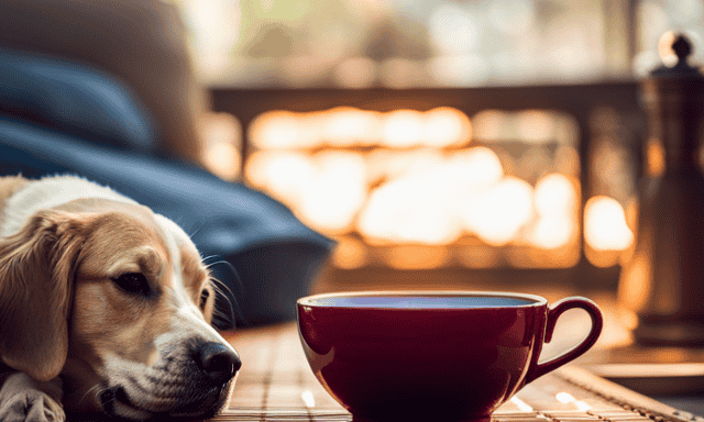 An image showcasing a serene moment: a contented dog curled up on a cozy bed, while a gentle stream of rooibos tea is poured into a shallow, pet-friendly bowl beside them