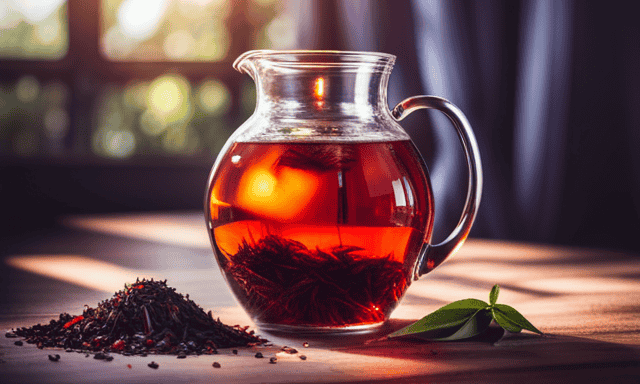 An image showcasing a transparent glass pitcher filled with precisely measured 1 quart of rich, deep red Rooibos tea, gently steeping, with vibrant tea leaves swirling gracefully at the bottom