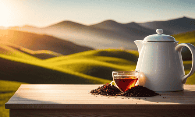 An image showcasing a serene mug filled with precisely measured portions of vibrant, aromatic rooibos tea leaves, perfectly complemented by a timer, teapot, and a calming backdrop of nature-inspired colors