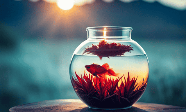 An image showcasing a clear glass gallon container filled with refreshing golden-hued Rooibos tea, beautifully infused with vibrant red betta fish swimming gracefully amidst the delicate tea leaves, conveying the perfect harmony between nature and pet care