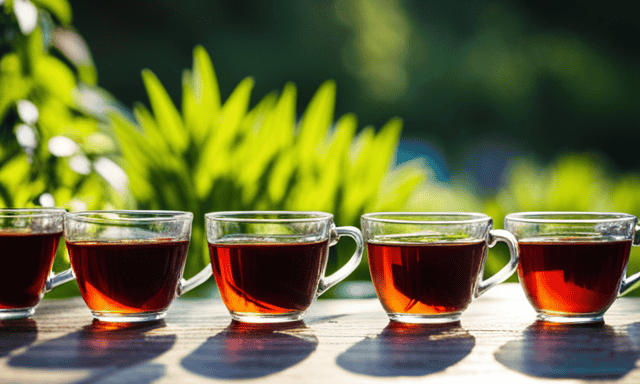 Nt image of a neatly arranged row of six colorful tea cups, each filled with steaming red rooibos tea, surrounded by freshly picked rooibos leaves and a measuring spoon, against a backdrop of a serene garden