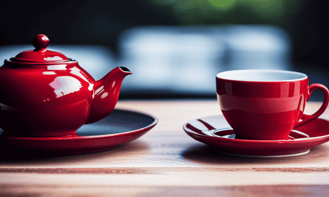An image showcasing a serene morning scene with a cozy wooden table featuring a teapot filled with vibrant red Rooibos tea, accompanied by a delicate teacup and saucer, perfectly capturing the ideal daily serving