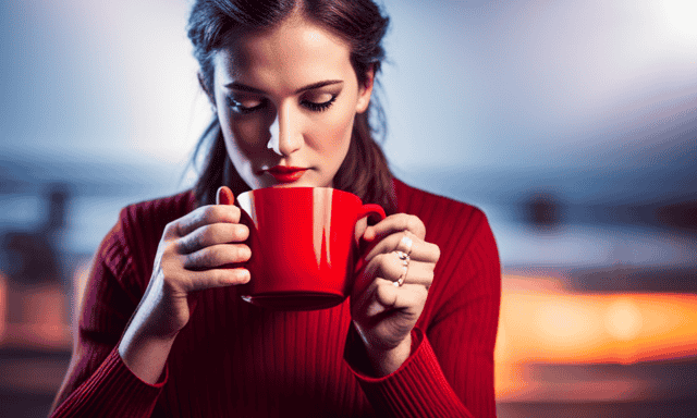 An image that showcases a serene scene of a person sipping a warm cup of rooibos tea, as the steam gently rises, surrounded by a vibrant red hue, symbolizing the potential of rooibos tea to lower blood pressure