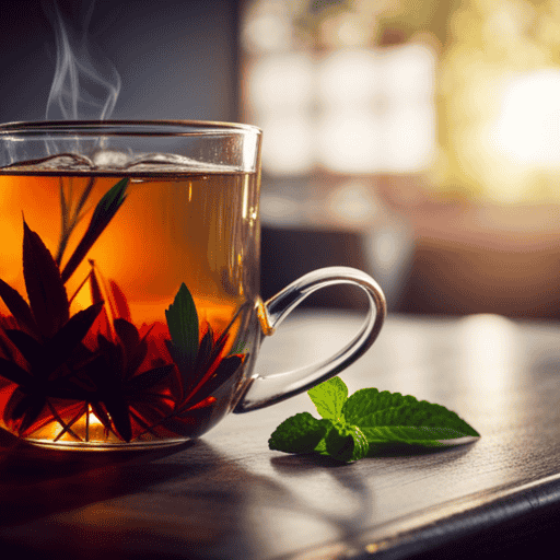 An image showcasing a vibrant cup of herbal tea filled with delicate, aromatic leaves slowly infusing in hot water, surrounded by a collection of various natural sweeteners like honey, stevia, and agave nectar