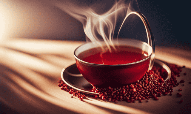 An image showcasing a vibrant cup of Rooibos tea, with the tea leaves elegantly dancing in the steamy brew