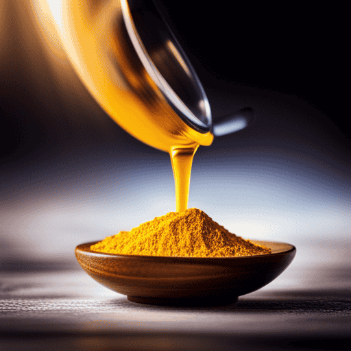 An image showcasing a glass filled with water and a spoon gently sprinkling precisely measured golden turmeric powder into it, capturing the perfect balance of potency and taste