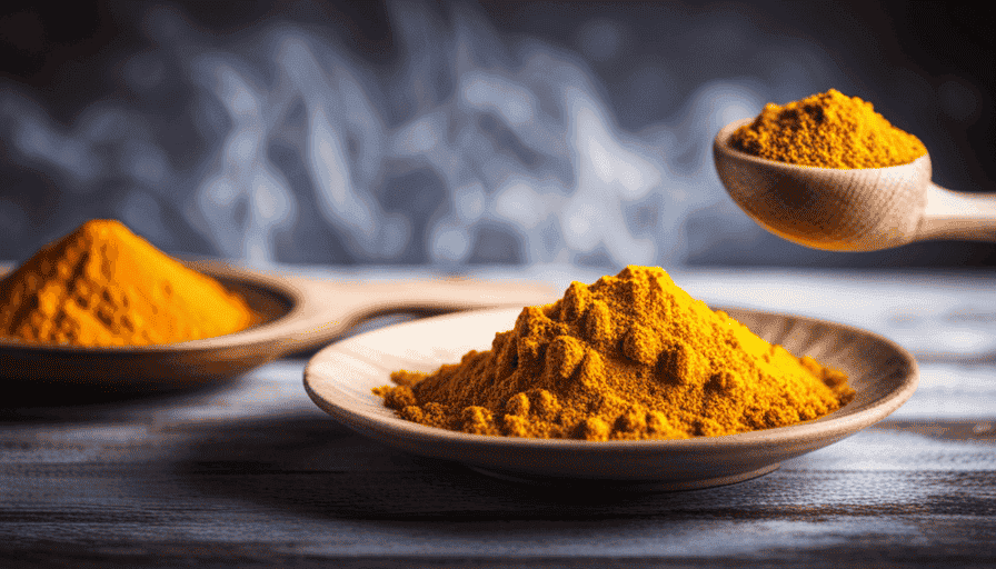 An image showcasing a vibrant, yellow spoonful of turmeric powder gently sprinkling onto a plate of fresh vegetables, representing the perfect amount needed to combat belly fat
