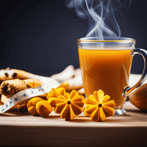 An image showcasing a serene setting with a cup of steaming turmeric tea, surrounded by fresh ingredients like turmeric roots, lemon slices, and a tape measure symbolizing weight loss progress