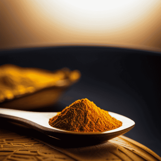 An image showcasing a wooden spoon delicately nestled amidst a vibrant sea of golden turmeric powder, forming a perfect teaspoon
