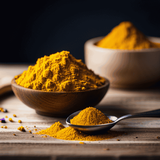 An image showcasing a close-up of a teaspoon filled with vibrant yellow turmeric powder, delicately balanced on a wooden surface
