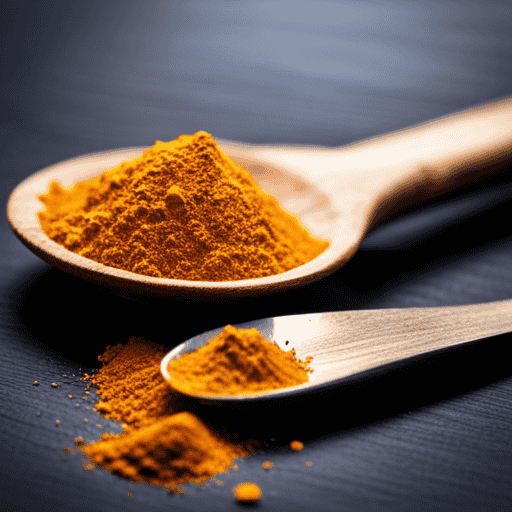 An image showcasing a vibrant, golden teaspoon filled with precisely measured turmeric powder, exuding its rich aroma