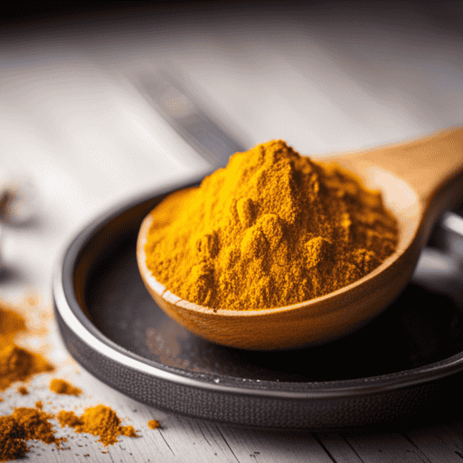 An image showcasing a wooden spoon filled with vibrant, golden turmeric powder, delicately balanced on a kitchen scale