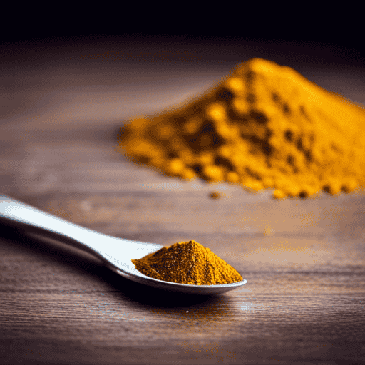An image showcasing a small ceramic teaspoon holding a precise amount of vibrant golden turmeric powder, delicately sprinkled over a wooden surface