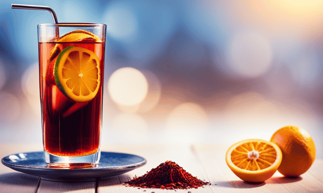 An image showcasing a glass of vibrant red Rooibos tea, brimming with citrusy aroma