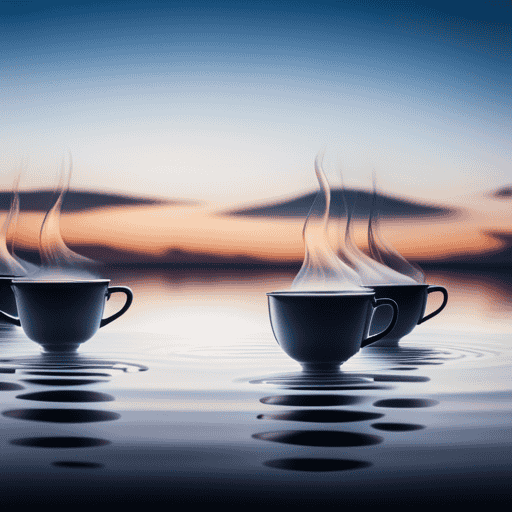 An image displaying five delicate teacups filled with steaming, aromatic flower tea, gracefully floating on a serene water surface
