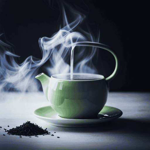 An image showcasing a ceramic teapot pouring precisely measured steaming water into a delicate tea cup filled with vibrant green herbs, perfectly capturing the ideal water-to-herbal-tea ratio for a soothing brew