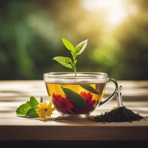 An image showcasing a slimming journey: A mesmerizing cup of herbal tea, steam gracefully rising, surrounded by vibrant, freshly-picked herbs