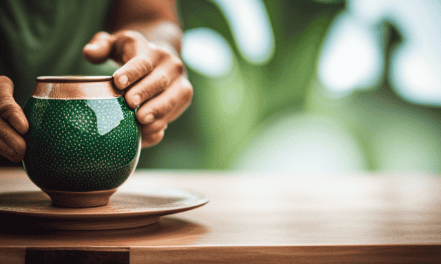 An image showcasing a person holding a ceramic gourd filled with vibrant green yerba mate tea, gracefully pouring it into a delicate, patterned cup, perfectly capturing the essence of the ideal serving size
