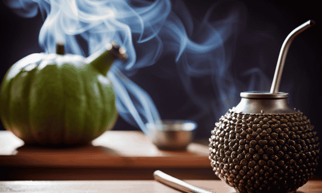 An image of a wooden table, with a traditional gourd filled halfway with vibrant green yerba mate, accompanied by a delicate metal straw, surrounded by fresh, aromatic yerba mate leaves and a steaming kettle in the background