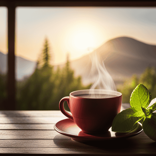 An image featuring a serene setting with a cup of Yogi Detox Tea placed on a wooden table, surrounded by fresh lemons and mint leaves