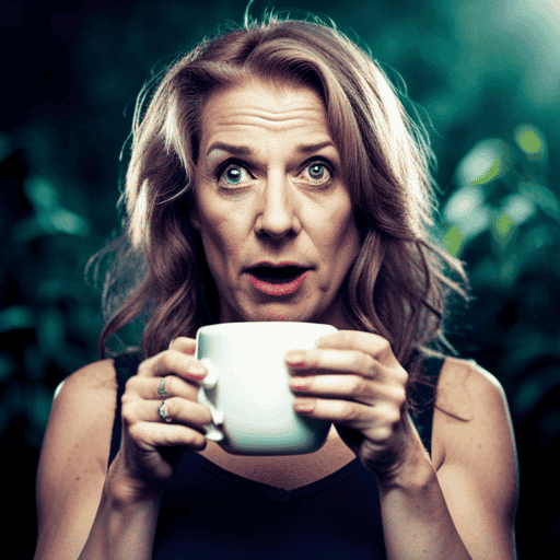 An image that showcases a frustrated woman with discolored hair, holding a cup of herbal tea rinse while her hair is turning an unexpected hue